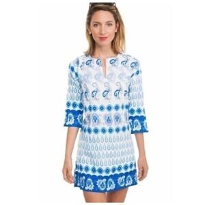 Gretchen Scott Cotton Tunic Mini Dress Womens Notta Paisley Blue White Medium